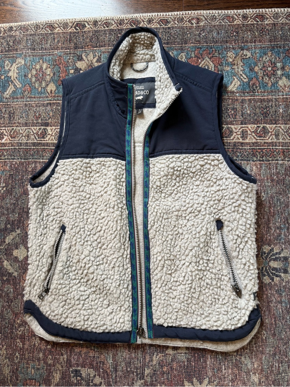 Toad&Co Cream and Navy Sherpa Fleece Vest